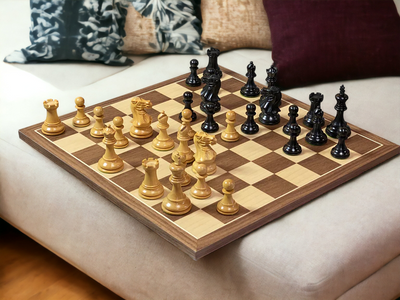 Compact Elite Ebonised Chess Pieces, 15.75" Walnut Board & Slide Top Box - Official Staunton™ 