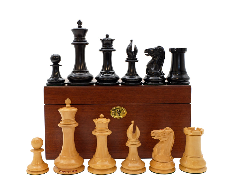 1849 Staunton Ebony Pieces, 21" Wenge Chessboard & Mahogany Box