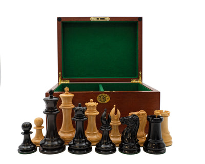 1849 Staunton Ebony Pieces, 21" Wenge Chessboard & Mahogany Box