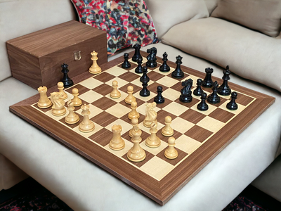 Elite Players Ebonised Chess Pieces, 19" Walnut Chessboard & Box - Official Staunton™ 