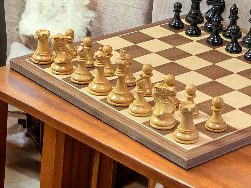 Compact Elite Ebonised Chess Pieces, 15.75" Walnut Board & Slide Top Box - Official Staunton™ 