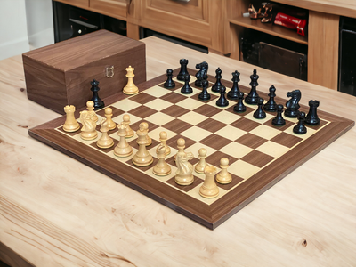 Elite Players Ebonised Chess Pieces, 19" Walnut Chessboard & Box - Official Staunton™ 