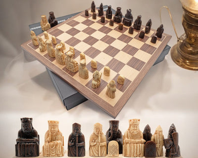 Compact Lewis Chessmen in Presentation Case & Walnut Chessboard - Official Staunton™ 