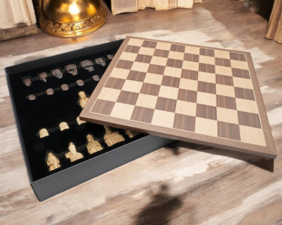 Compact Lewis Chessmen in Presentation Case & Walnut Chessboard - Official Staunton™ 