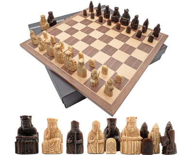 Compact Lewis Chessmen in Presentation Case & Walnut Chessboard - Official Staunton™ 