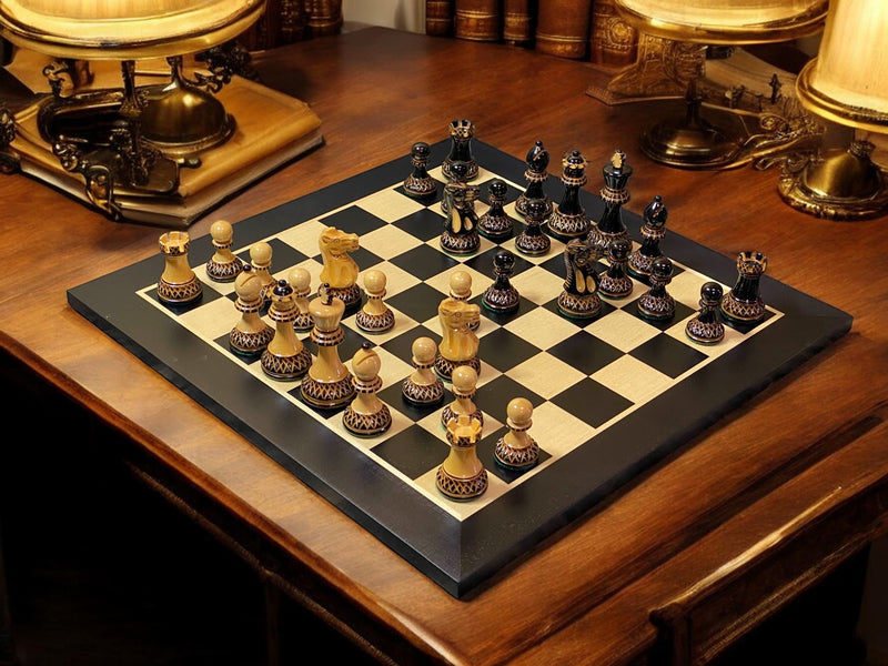 3" Parker Chessmen 16 "Anegre Board and Mahogany Slide Box - Official Staunton™ 