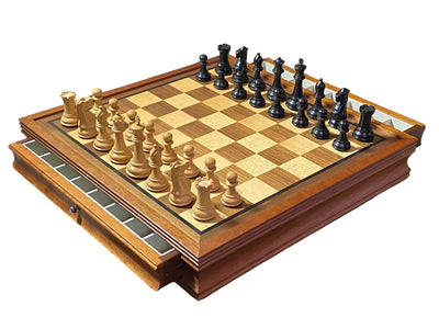 Old English Ebonised Chessmen Mahogany Drawer Chessboard - Official Staunton™ 