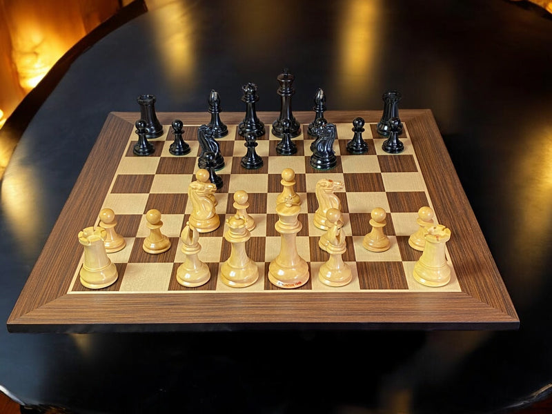 1849 Staunton Ebony Pieces, 21" Wenge Chessboard & Mahogany Box