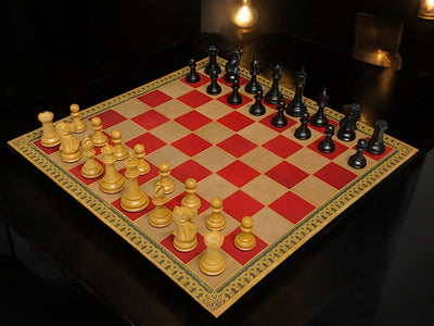 Old English Staunton Chessmen, Red Carton Pierre Board, Vinyl Box