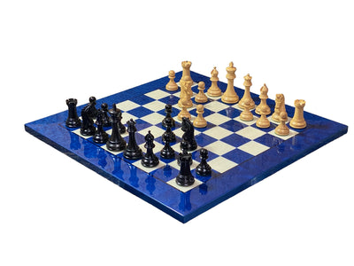 20" Italian Blue Chess Board, Imperial Ebony Chess Pieces, Vinyl Box - Official Staunton™ 