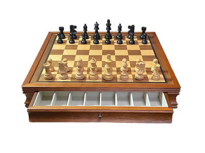 British Black Chess Pieces Mahogany Drawer Chess Board - Official Staunton™ 