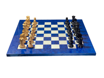 20" Italian Blue Chess Board, Imperial Ebony Chess Pieces, Vinyl Box - Official Staunton™ 