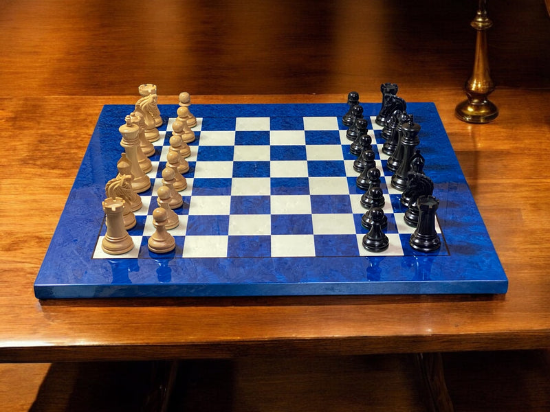 20" Italian Blue Chess Board, Imperial Ebony Chess Pieces, Vinyl Box - Official Staunton™ 