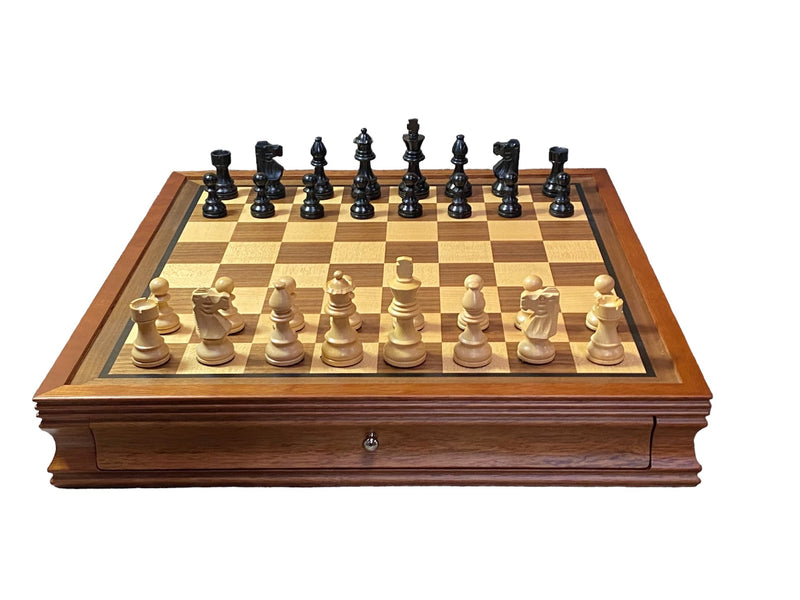 British Black Chess Pieces Mahogany Drawer Chess Board - Official Staunton™ 