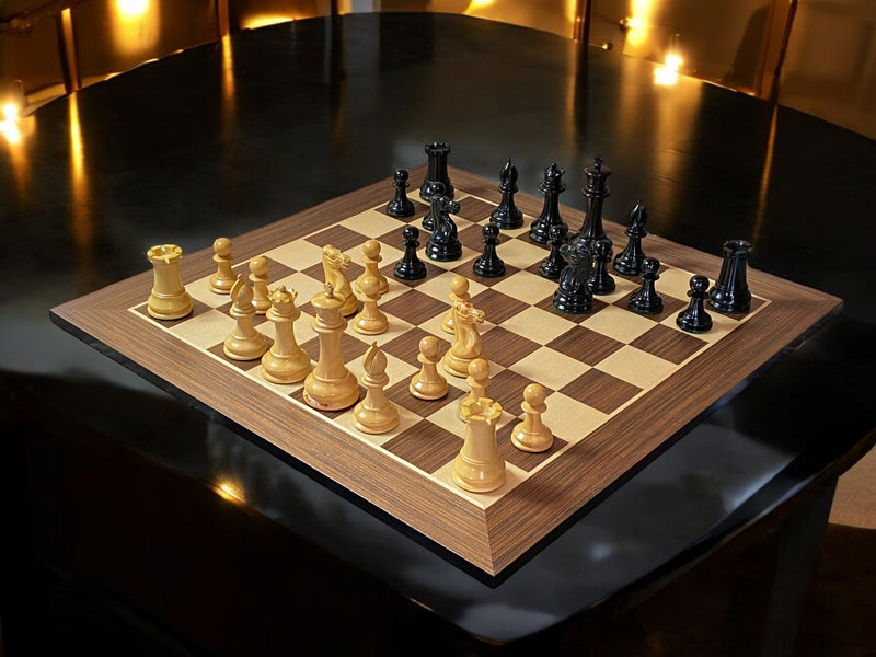 1849 Staunton Ebony Pieces, 21" Wenge Chessboard & Mahogany Box