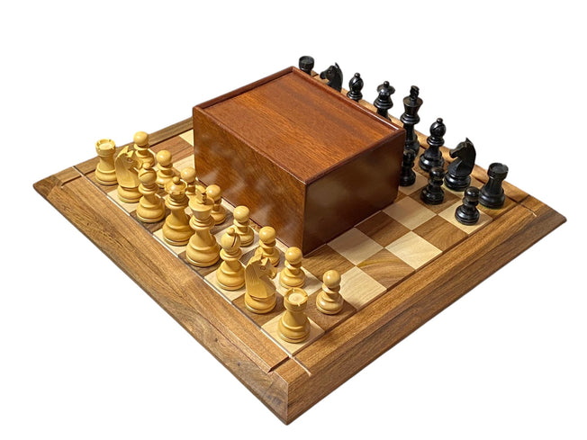 15" Solid Wood Chessboard  3" Ebonized Club Classic &  Mahogany Slide Box