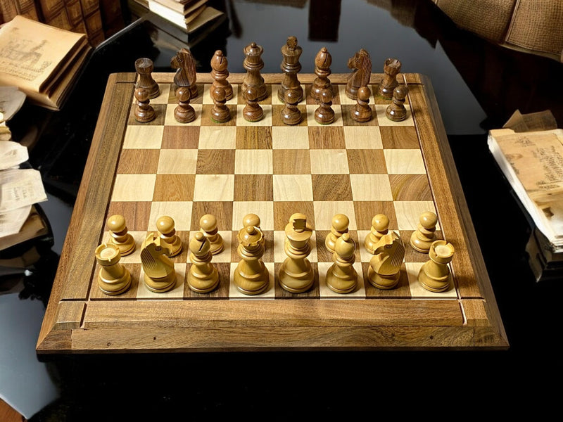 15" Solid Wood Chessboard  3" Acacia Club Classic &  Mahogany Slide Box