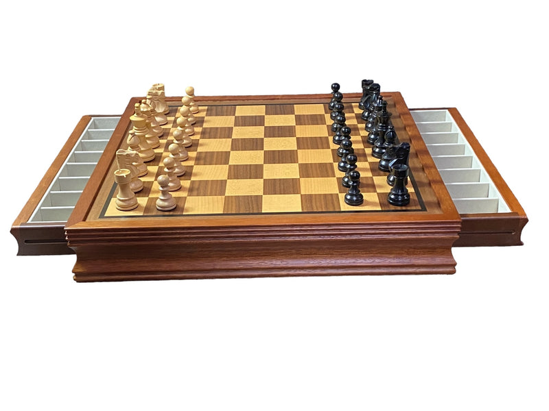 British Black Chess Pieces Mahogany Drawer Chess Board - Official Staunton™ 