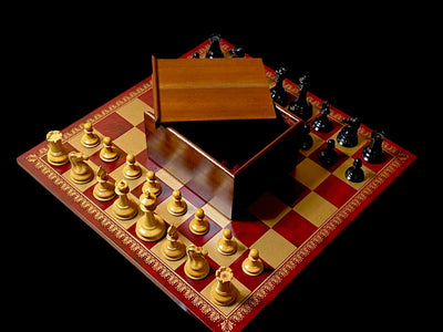 3.5" Leuchars  Chessmen Italian Claret Chess Board Mahogany Slide Box