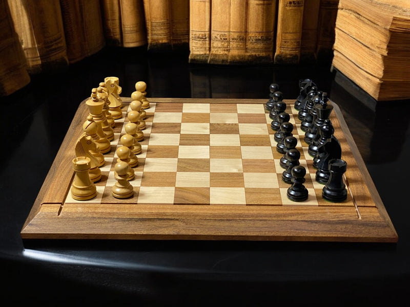 15" Solid Wood Chessboard  3" Ebonized Club Classic &  Mahogany Slide Box