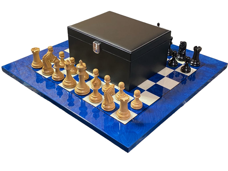 20" Italian Blue Chess Board, Imperial Ebony Chess Pieces, Vinyl Box - Official Staunton™ 