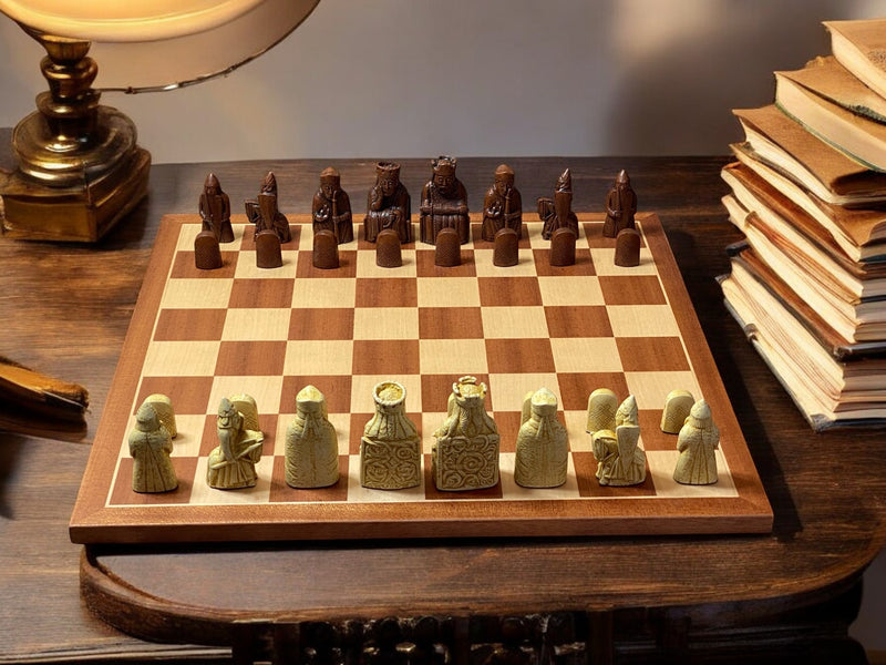 Compact Lewis Chessmen in Presentation Case & Mahogany Chessboard - Official Staunton™ 