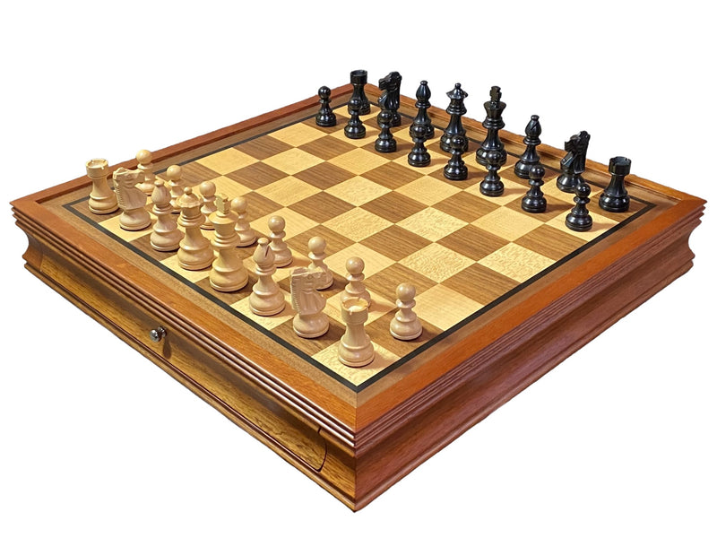 British Black Chess Pieces Mahogany Drawer Chess Board - Official Staunton™ 