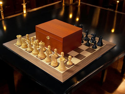 1849 Staunton Ebony Pieces, 21" Wenge Chessboard & Mahogany Box