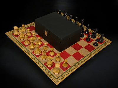 Old English Staunton Chessmen, Red Carton Pierre Roll up Board, Vinyl Box