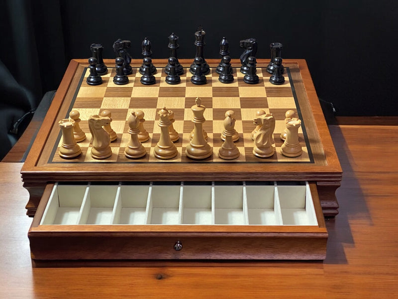 Old English Ebonised Chessmen Mahogany Drawer Chessboard - Official Staunton™ 