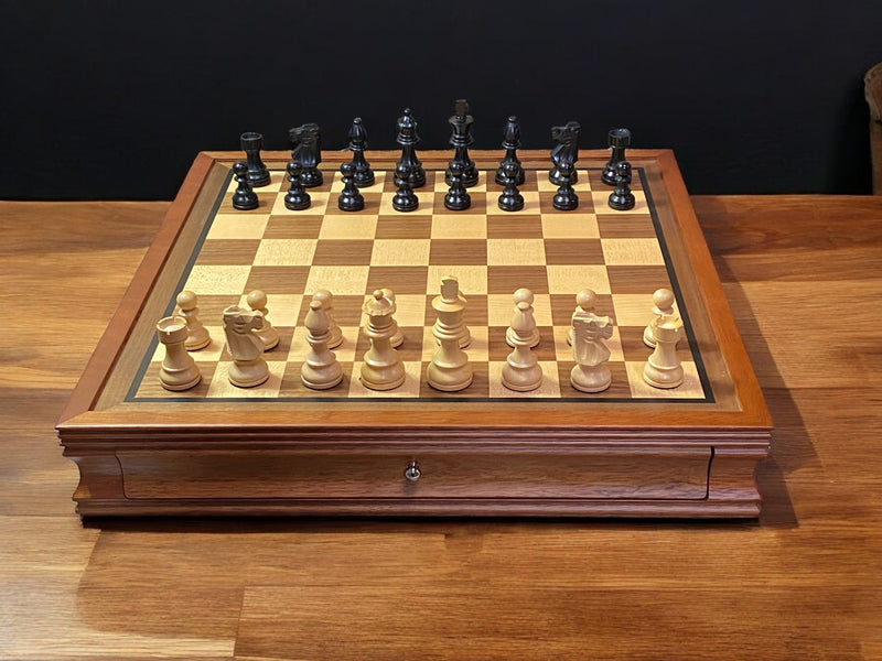 British Black Chess Pieces Mahogany Drawer Chess Board - Official Staunton™ 