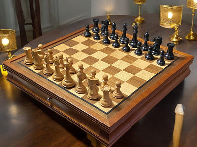 Old English Ebonised Chessmen Mahogany Drawer Chessboard - Official Staunton™ 