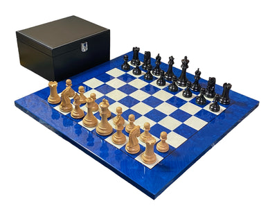 20" Italian Blue Chess Board, Imperial Ebony Chess Pieces, Vinyl Box - Official Staunton™ 