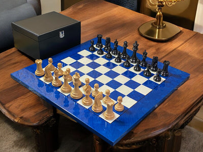 20" Italian Blue Chess Board, Imperial Ebony Chess Pieces, Vinyl Box - Official Staunton™ 