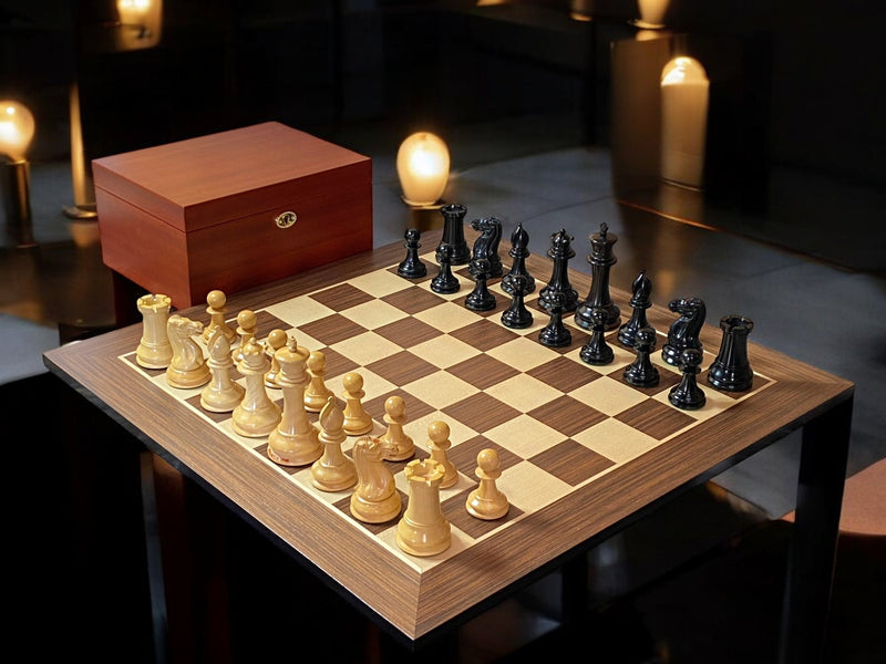 1849 Staunton Ebony Pieces, 21" Wenge Chessboard & Mahogany Box