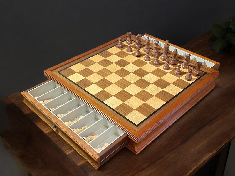 British Acacia Chess Pieces Mahogany Drawer Chess Board - Official Staunton™ 