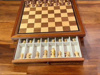 British Acacia Chess Pieces Mahogany Drawer Chess Board - Official Staunton™ 