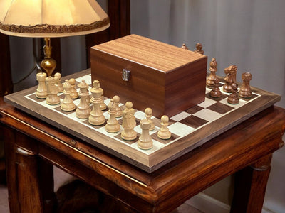 4” British Acacia Walnut Chess Set & Mahogany Box - Official Staunton™ 