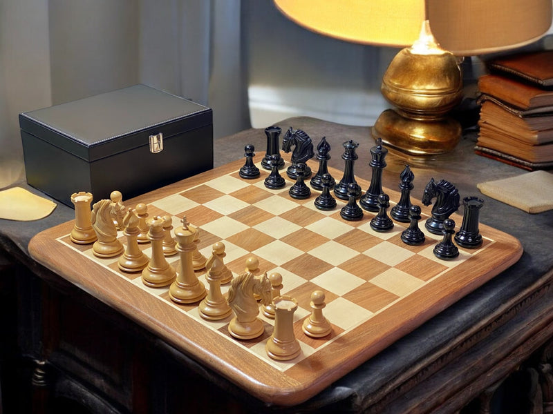 King Arthur Ebony Chessmen 21 Inch Hand made Acacia Chessboard - Official Staunton™ 