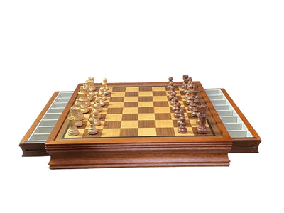 British Acacia Chess Pieces Mahogany Drawer Chess Board - Official Staunton™ 