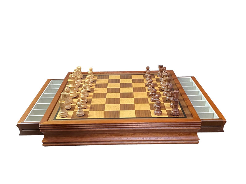 British Acacia Chess Pieces Mahogany Drawer Chess Board - Official Staunton™ 