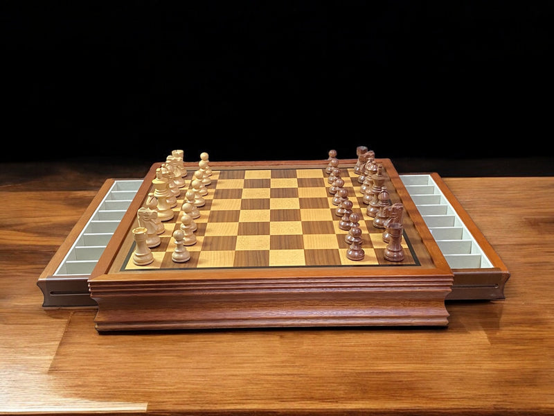 British Acacia Chess Pieces Mahogany Drawer Chess Board - Official Staunton™ 