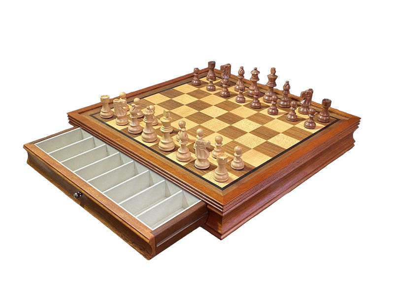 British Acacia Chess Pieces Mahogany Drawer Chess Board - Official Staunton™ 