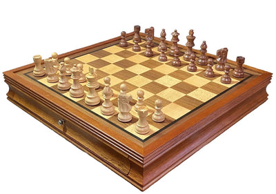 British Acacia Chess Pieces Mahogany Drawer Chess Board - Official Staunton™ 