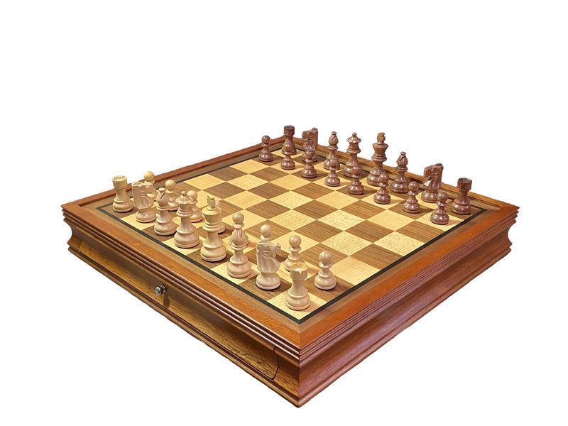 British Acacia Chess Pieces Mahogany Drawer Chess Board - Official Staunton™ 