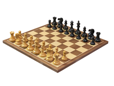 Compact Elite Ebonised Chess Pieces, 15.75" Walnut Board & Slide Top Box - Official Staunton™ 