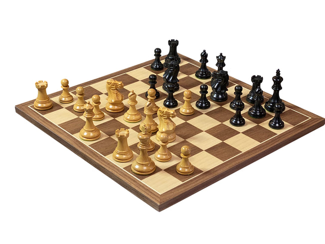 Compact Elite Ebonised Chess Pieces, 15.75" Walnut Board & Slide Top Box - Official Staunton™ 