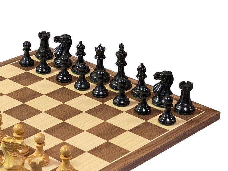 Compact Elite Ebonised Chess Pieces, 15.75" Walnut Board & Slide Top Box - Official Staunton™ 