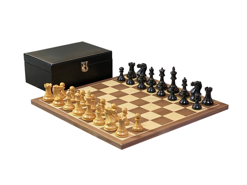 Compact Elite Ebonised Chess Pieces, 15.75" Walnut Board & Vinyl Box - Official Staunton™ 